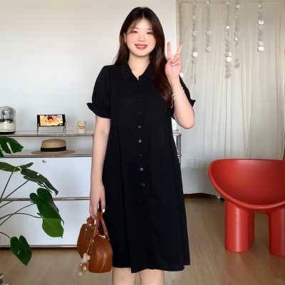大码显瘦遮肚纯色翻领短袖连衣裙