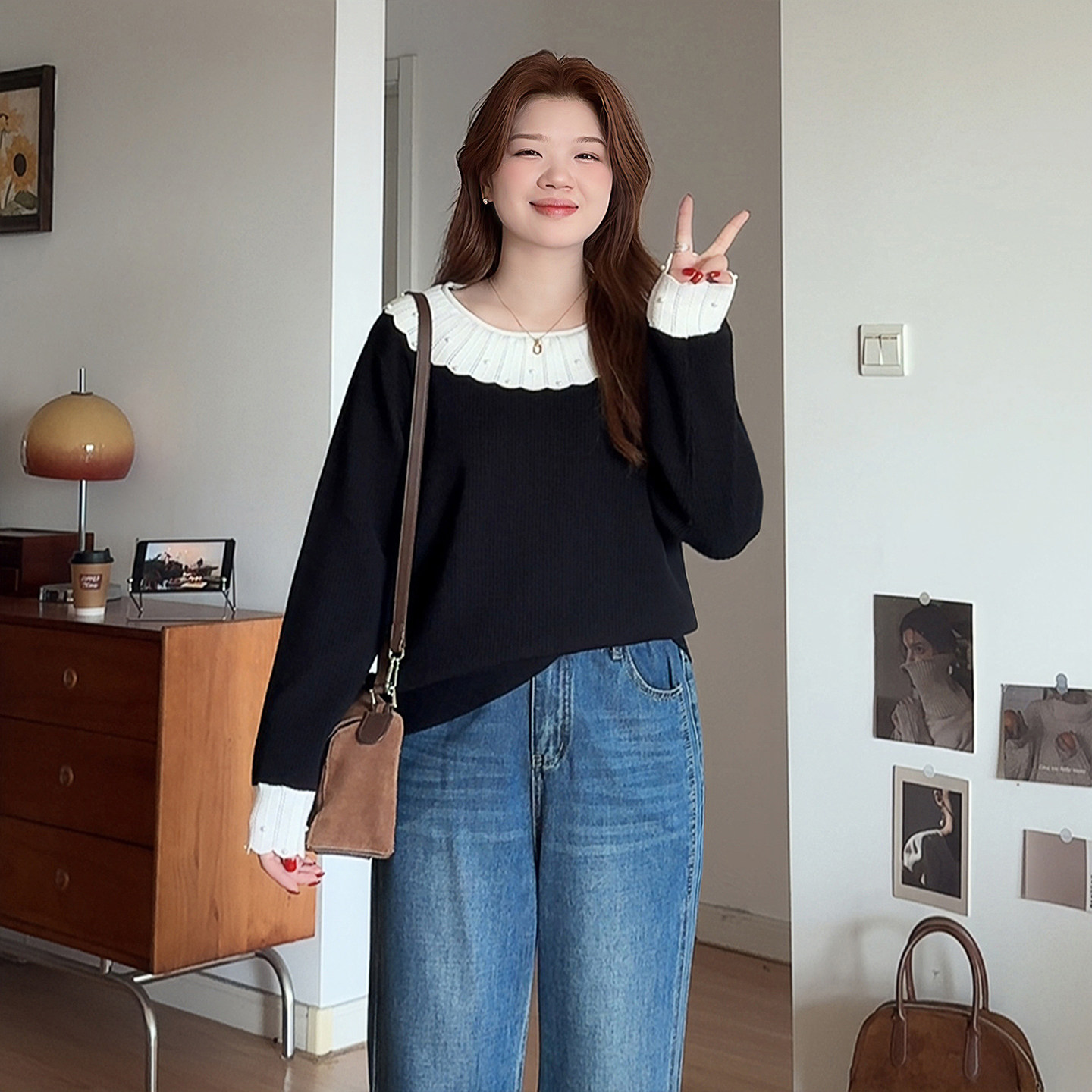 微胖的喵喵法式大码设计感毛衣胖mm秋冬新款钉珠娃娃领针织衫2133,女装/女士精品,大码内搭,淘宝优惠券,粉丝福利购,淘宝优惠卷