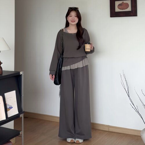 大码胖mm休闲显瘦上衣阔腿裤套装