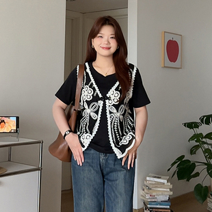 假两件小衫 微胖 胖mm夏季 喵喵大码 复古盘扣钩花拼接上衣5650 女装