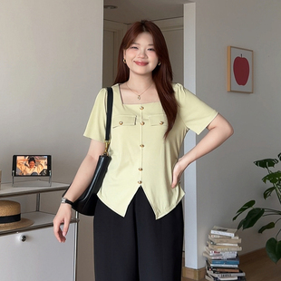 胖mm夏季 微胖 女装 喵喵 气质方领正肩显瘦T恤设计感上衣4715 大码