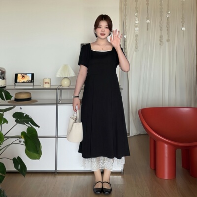 大码女装方领绑带蕾丝拼接连衣裙