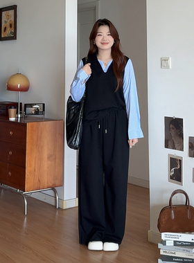 微胖的喵喵大码女装胖mm秋季一整套穿搭巨显瘦上衣阔腿裤套装3099