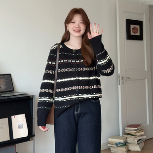 胖mm秋冬费尔岛花纹加厚提花针织开衫 女装 上衣3060 喵喵大码 微胖