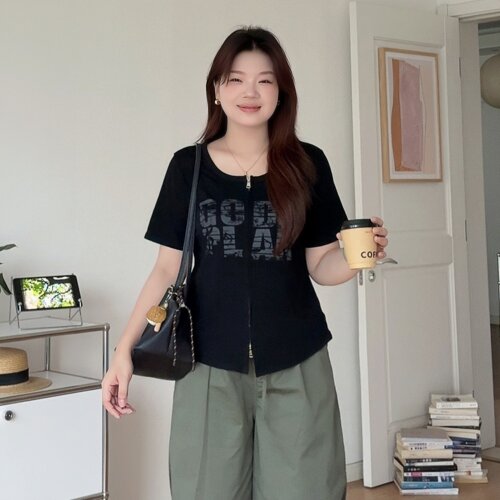 大码胖mm印花短袖t恤正肩上衣女