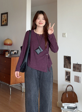 微胖的喵喵 大码胖mm超好看上衣正肩2025巨显瘦遮肚不规则T恤0556