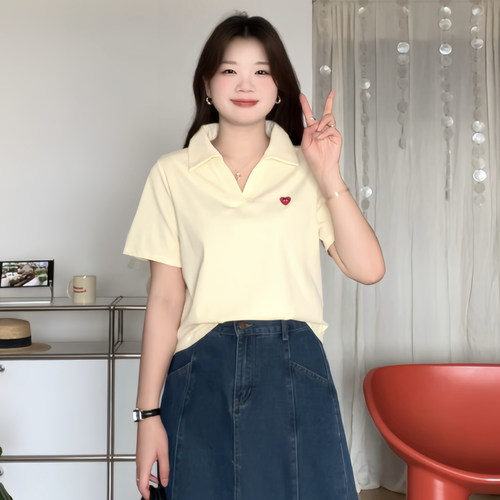 大码简约正肩爱心短袖T恤上衣女