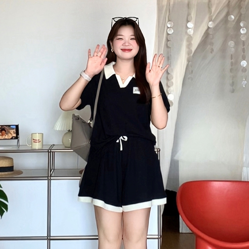 大码女装时尚显瘦短袖短裤两件套