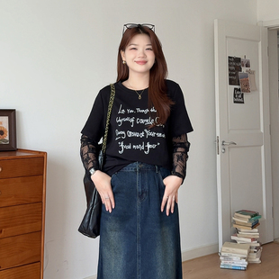 胖mm早秋穿搭拼接假两件长袖 女装 T恤显瘦上衣3070 喵喵大码 微胖