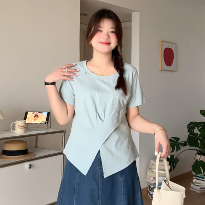 大码女装圆领正肩设计感短袖T恤