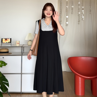巨好看显瘦假两件撞色掐腰连衣裙2558 微胖 喵喵大码 女装 胖mm夏季