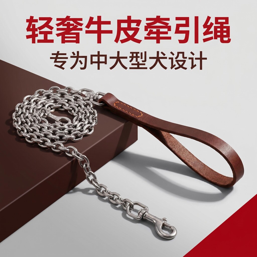 牛皮手柄不锈钢链子遛狗中大型狗链牵引绳小圈加粗不锈钢防咬断链