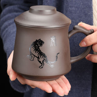 紫砂水杯子办公家用个人专属带盖大容量带把防烫复古12生肖陶瓷杯