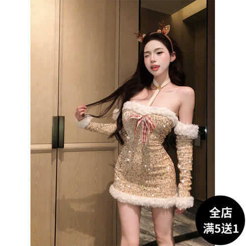 圣诞服装女挂脖抹胸包臀连衣裙