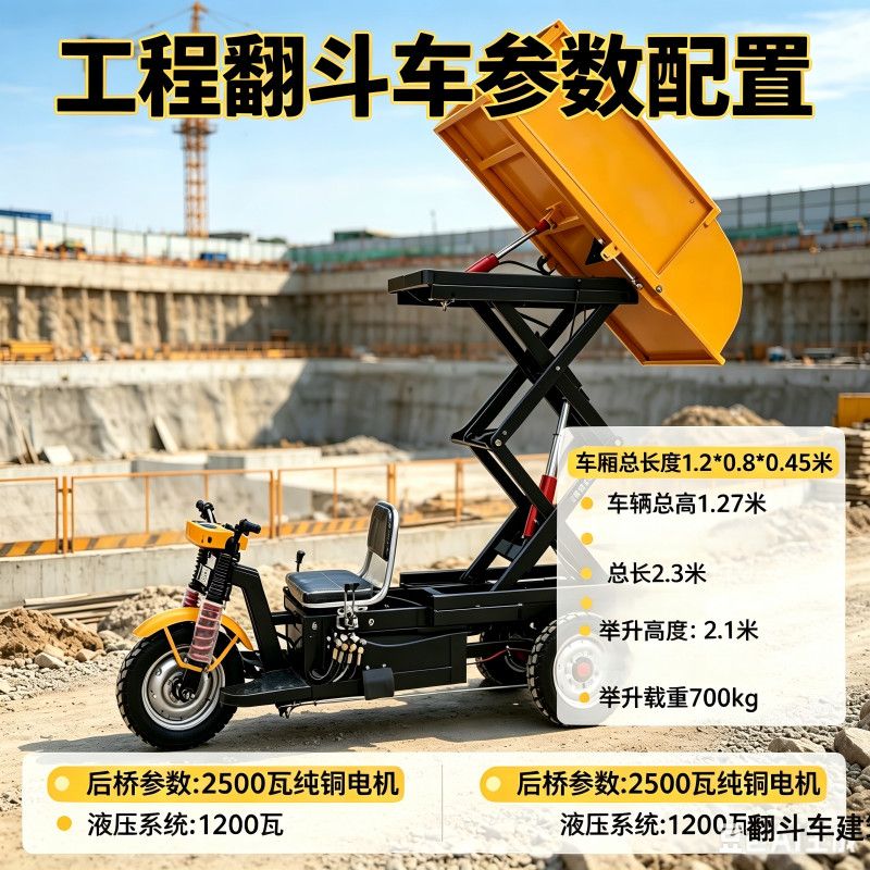 电动升降翻斗车液压自卸三轮车工地拉混凝土上料车农用养殖搬运车