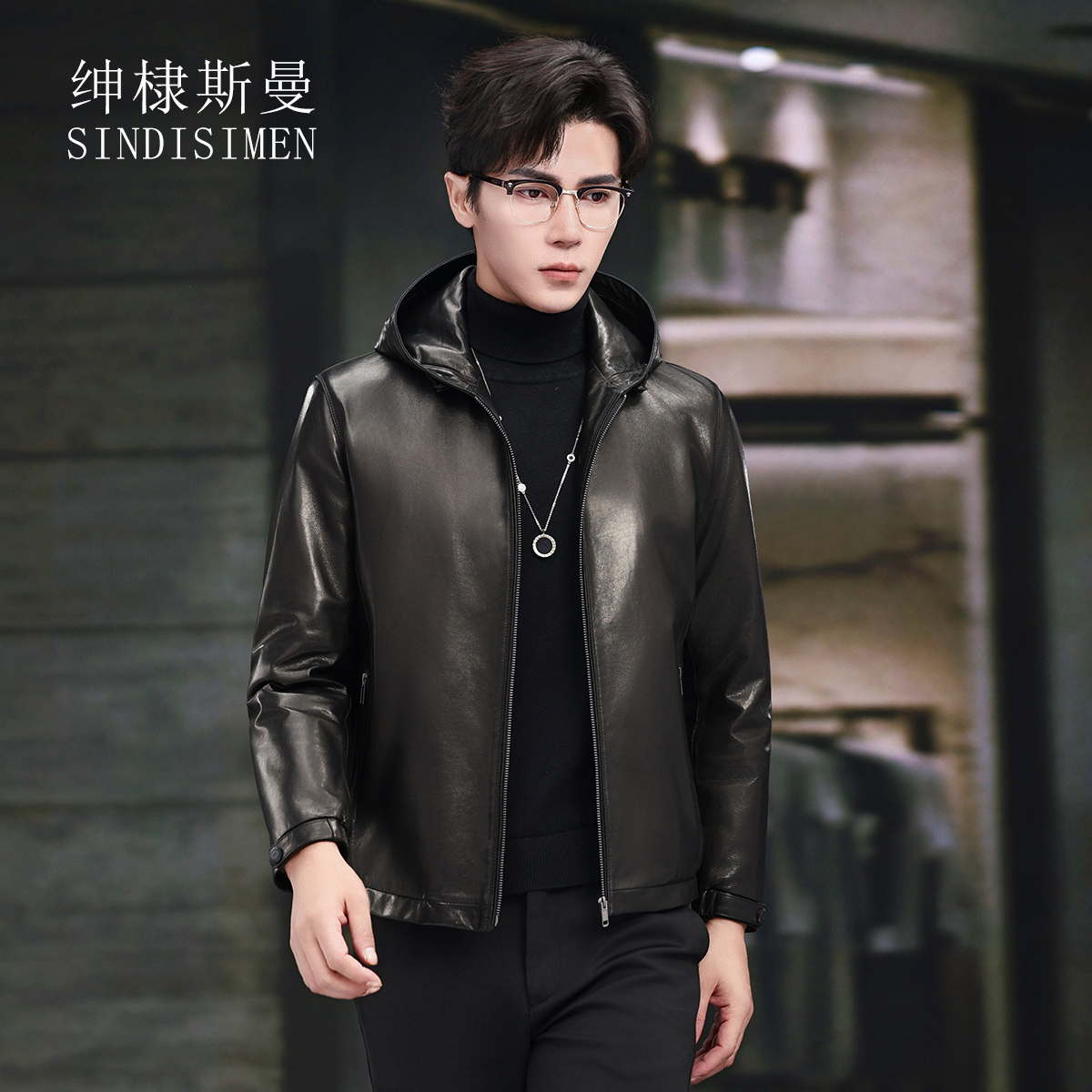 真皮皮衣男羽绒服短款连帽山羊皮