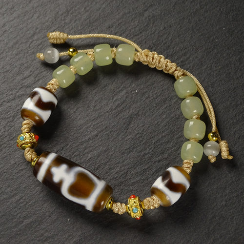 梵间星辰西藏天然真品玛瑙宝瓶虎牙天珠和田玉手串调节绳13*29mm