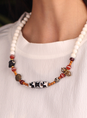 梵间星辰 西藏天然玛瑙 至纯黑白莲师法器天珠 超顶手串 锁骨链