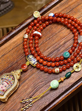 藏式文玩佛珠红玛瑙项链扎基拉姆前世今生唐卡佛牌吊坠毛衣链长链