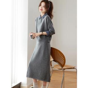 MONLOUVE格子翻领套头针织衫搭配中长款半身裙两件套气质休闲秋冬