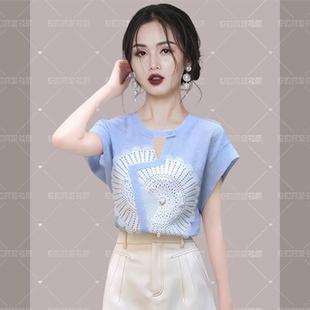SOLENELARA2025夏季 上衣 新款 两件套女小清新蓝色镂空防走光连肩袖