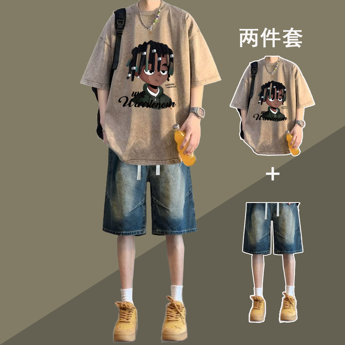 夏季水洗短袖t恤套装男潮流一套休闲运动套装
