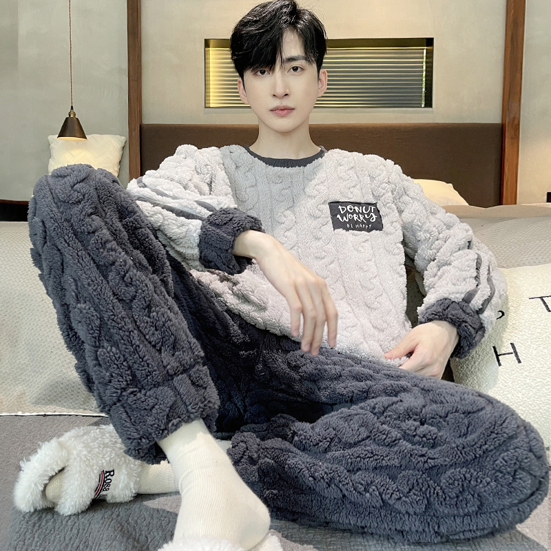 新款珊瑚绒睡衣男士秋冬款加厚套装加绒法兰绒男款冬季家居服大码