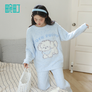 畹町睡衣女士秋冬季保暖绒绒加厚小狗提花开衫长袖长裤套装家居服