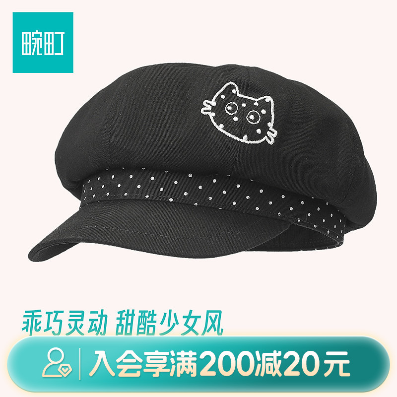 畹町波点猫咪八角帽子女2026可爱刺绣图案甜酷亚萌少女画家报童帽