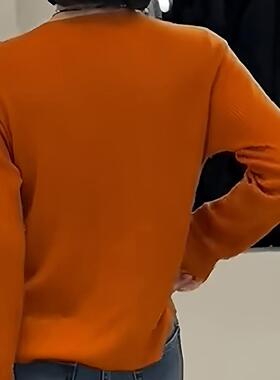 MONLOUVE别致优雅绝美橙色v领荷叶边长袖毛衣针织衫女秋冬款淡人