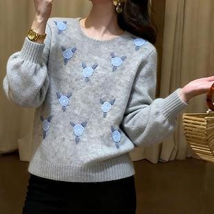 MONLOUVE休闲轻奢优雅风灰色圆领长袖毛衣针织衫女秋冬新款高级感