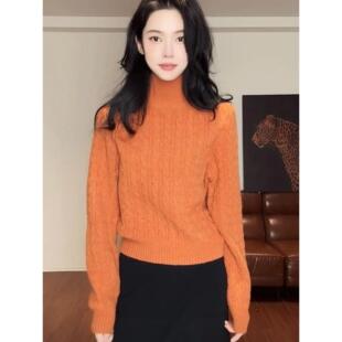 MONLOUVE高级感绝美焦糖色绞花高领长袖毛衣针织衫女秋冬款慵懒风