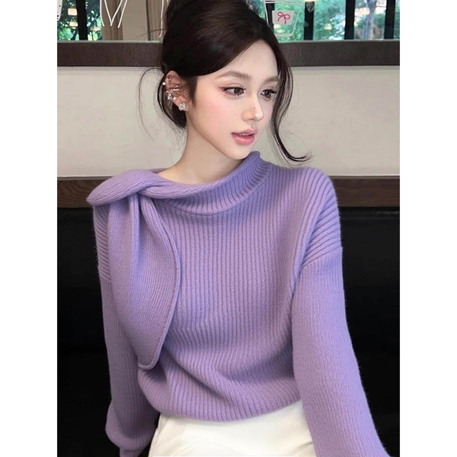 MONLOUVE温柔chic绝美紫色蝴蝶结长袖毛衣针织衫女秋冬款休闲百搭