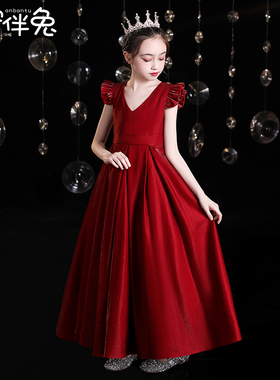 儿童晚礼服花童公主裙高端女童主持人红色合唱指挥钢琴演奏演出服