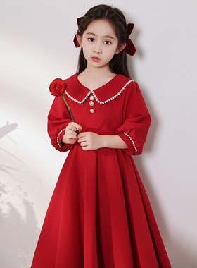 红色女童晚礼服高端儿童新年公主裙花童婚礼小女孩钢琴演奏演出服