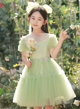 女童高端礼服夏季儿童绿色公主裙小女孩主持人钢琴演奏比赛演出服