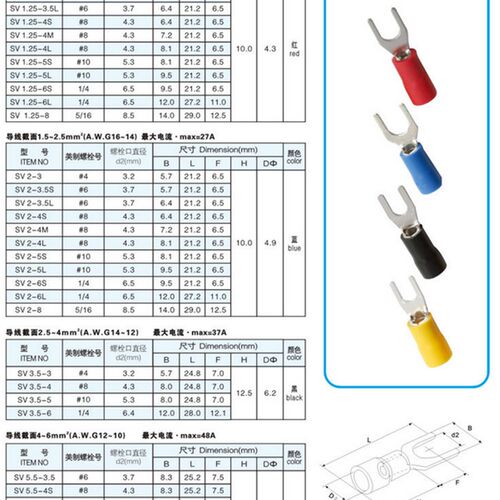 SV2-4叉形预绝缘端子Y形1.5-2.5平方冷压接头铜线耳 铜镀锡1000只