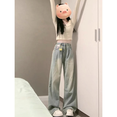 美式浅色阔腿牛仔裤女夏