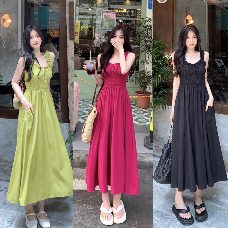 大码女装法式抹胸性感显瘦遮肚裙子长裙胖mm吊带玫红色连衣裙女