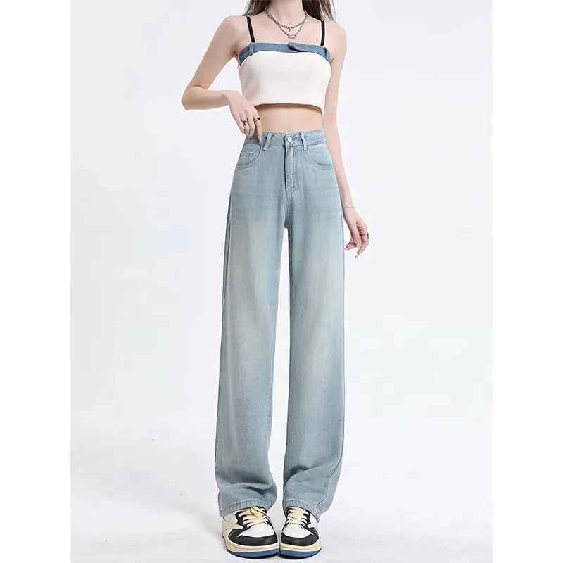 大码天丝垂感牛仔裤女夏季薄款宽松显瘦冰丝高腰直筒阔腿拖地裤子