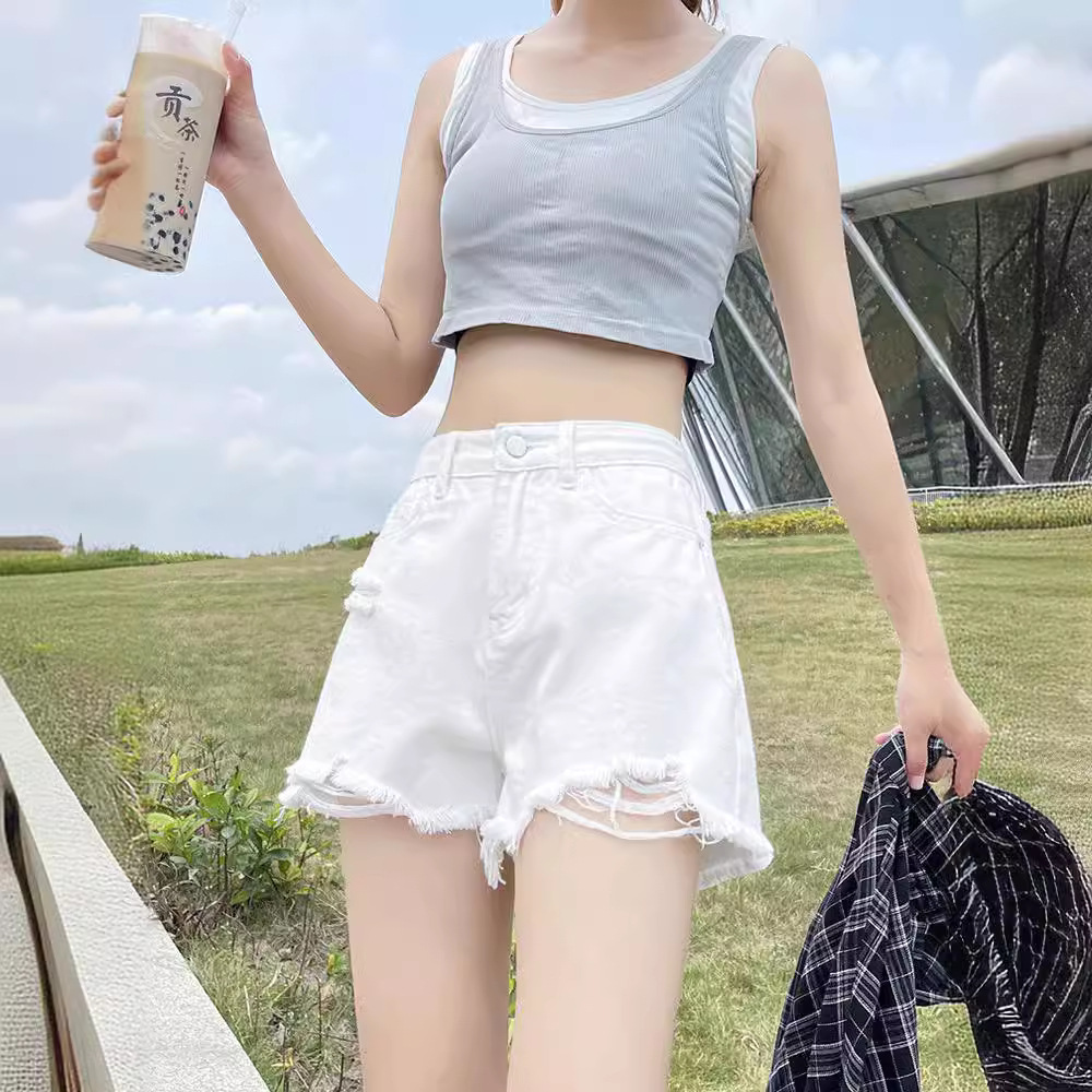 白色高腰牛仔短裤女夏季薄款宽松2025年新款网红a字破洞显瘦热裤