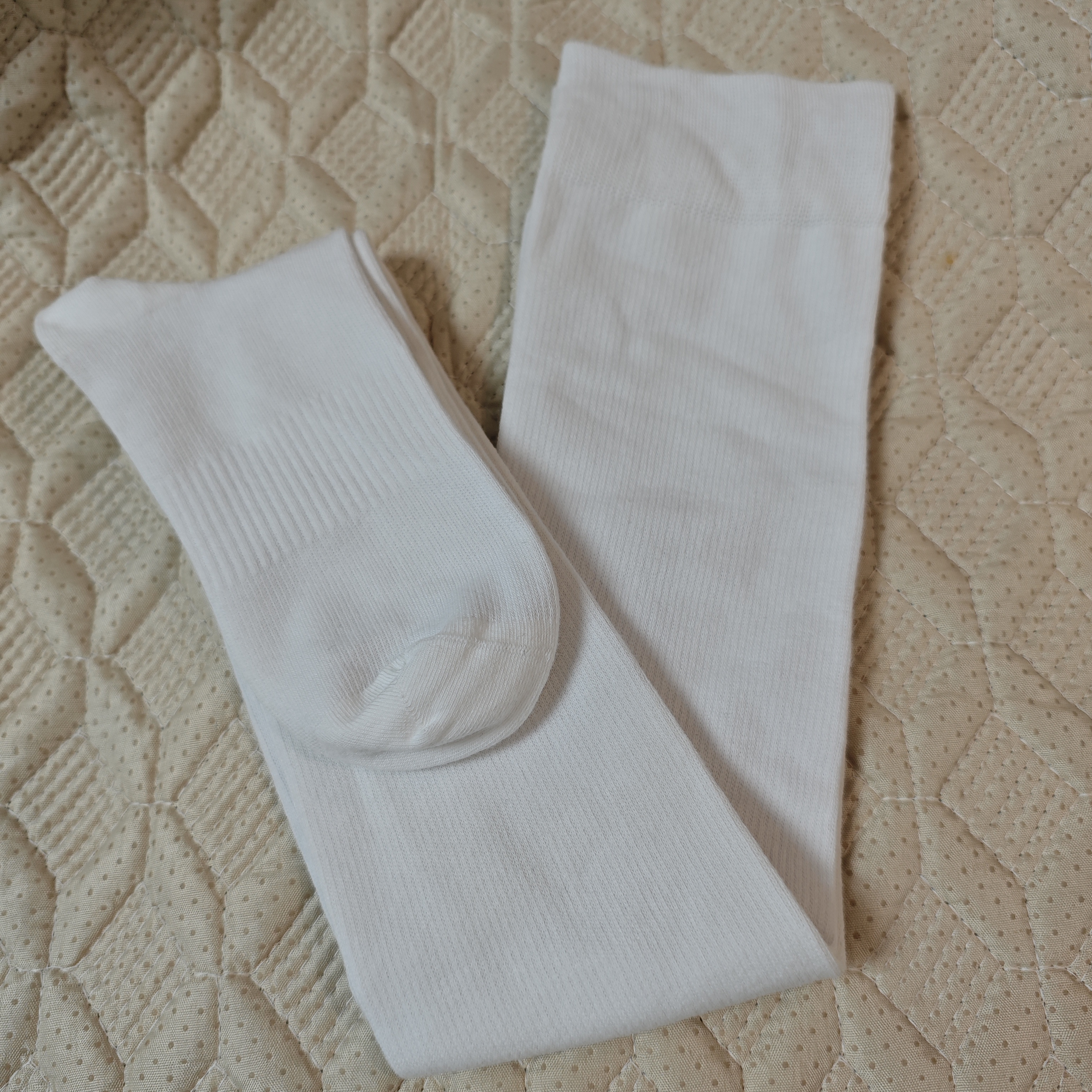 3双白色压力过膝长筒袜女纯棉精梳棉无骨对目微压显瘦塑型高筒袜