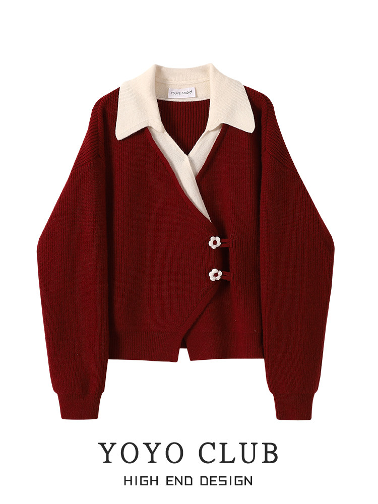 YOYO CLUB 가을과 겨울 여성을위한 가짜 투피스 새해 빨간 스웨터 스웨터 하이 웨이스트 스커트 새해 이브 정장