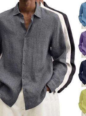 Blusa De Linho De Algod?o Masculina, Turn Down Collar, Manga