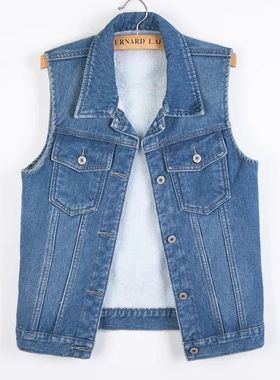 S-6XL denim colete outono inverno feminino veludo quente sem