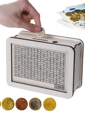 Cofrinho de madeira reutilizável com objetivo e números, v