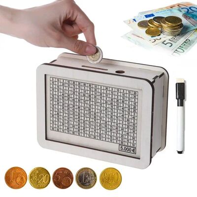 Cofrinho de madeira reutilizável com objetivo e números, v