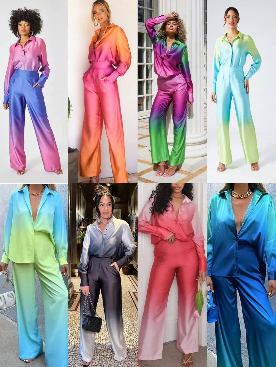 Mulher 2pcs Suit Gradiente cor Manga Longa Bot?o Turn Down C
