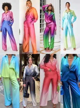 Mulher 2pcs Suit Gradiente cor Manga Longa Bot?o Turn Down C