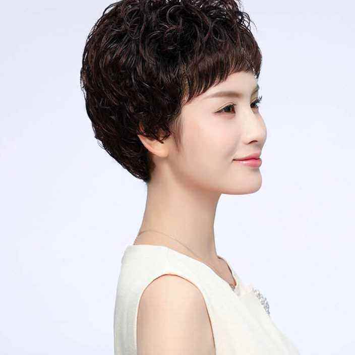 假发短发女减龄全头套妈妈假发中老年真发全真人发斜刘海时尚烫发
